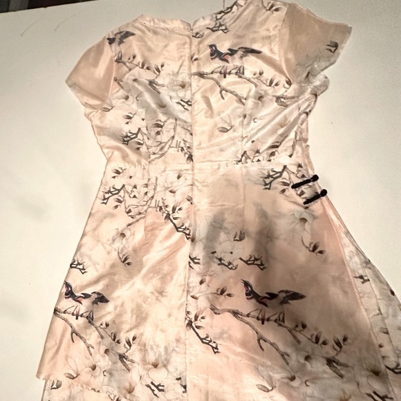Dan Munier Cream Asian Inspired Floral Bird Cap Sleeves 2 Tired Bottom Dress - Picture 3 of 16